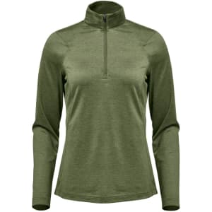 A green women's Milano 1/4 zip pullover with long sleeves and a high collar. Features a front zip and a logo.