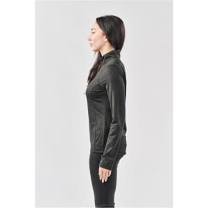 A side view of a woman wearing a dark grey women's Milano 1/4 zip pullover, featuring a fitted design.