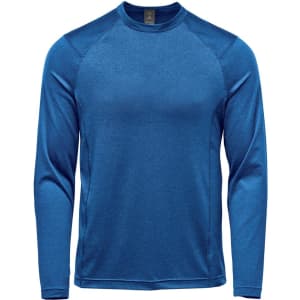 A long-sleeve crew neck shirt in blue, featuring a fitted design and a logo on the chest.