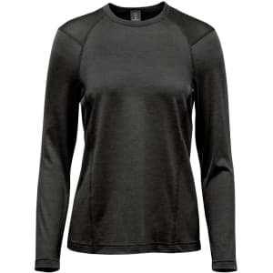 A women's long-sleeve crew neck shirt in dark grey, featuring a simple design and a logo.
