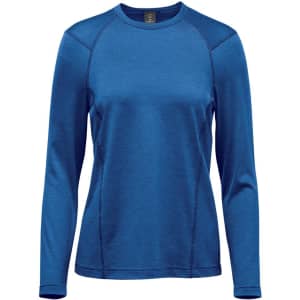 A blue long-sleeve crew neck shirt for women featuring a simple design and seam detailing. It has a logo.