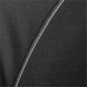 A close-up view of a dark grey men's polo shirt featuring contrasting lighter grey stitching and fabric texture.