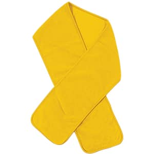 A bright yellow polar fleece scarf, featuring a soft texture and an outline stitch. It has a logo displayed.