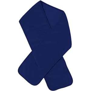A navy blue polar fleece scarf, featuring a smooth texture and a simple design. It has a logo on one side.