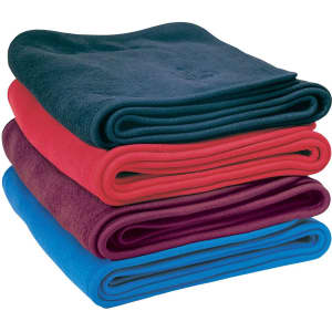 A stack of polar fleece scarves in dark green, red, plum, and blue, each neatly folded. The product includes a logo.