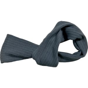 A grey cable knit scarf with a textured design and loose ends, featuring a branding logo.