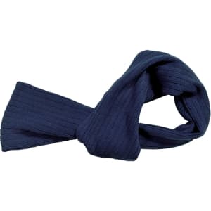 A navy cable knit scarf with a textured finish, featuring ribbed details and a looped design.