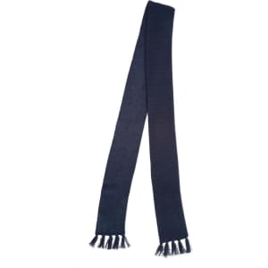 A navy knitted scarf with fringed ends and a textured design, featuring a brand logo.