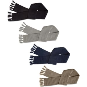 A Ruga Knit Scarf in four colours: black, grey, navy, and olive, featuring fringed edges and a textured design.