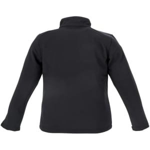 A black softshell women's jacket featuring a high collar and long sleeves, with a logo on the back.