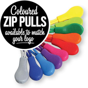 A collection of coloured zip pulls in various shades including blue, purple, pink, yellow, and orange.