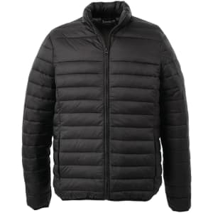 A black puffer jacket with a zip front and a stand-up collar. The jacket features a quilted design and has a logo.
