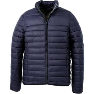 A navy puffer jacket with a zip front and a high collar, featuring stitched panels and a logo.
