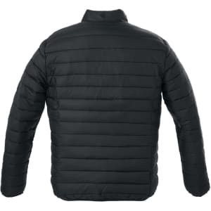A black puffer jacket with a quilted design and a high collar, featuring a logo on the back.