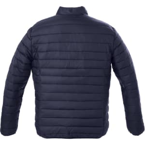 A navy puffer jacket featuring a quilted design and a simple, minimalistic style, with a logo on the back.