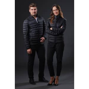 Two models wearing black puffer jackets, standing against a dark background. Each jacket has a logo.