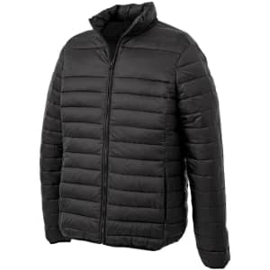 A black puffer jacket with a zippered front and a stand-up collar, featuring a logo on the chest.