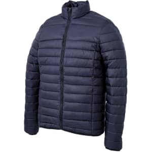 A navy blue puffer jacket with a zip front and a stand-up collar. It has a branding logo on the chest.