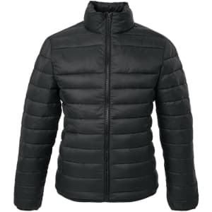 A black puffer jacket with a high collar and zip-up front, featuring a subtle logo on the chest.
