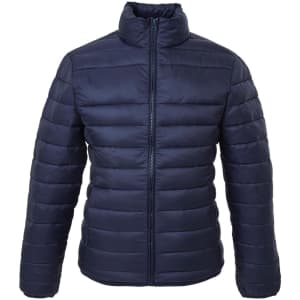 A navy puffer jacket featuring a zip front and a high collar, with a quilted design throughout the material.