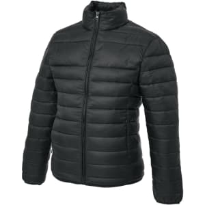 A dark green puffer jacket with a high collar and zippered front, featuring a logo on the sleeve.