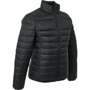 A dark green puffer jacket with a zip front and ribbed collar. It has a logo on the sleeve.