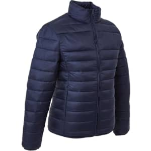 A navy puffer jacket with a zip front and high collar, featuring a branding logo on the design.