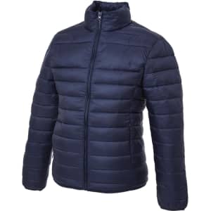 A navy puffer jacket with a stand-up collar and a zip front, featuring a logo on the chest.