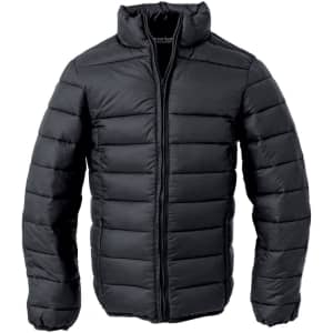 A black puffer jacket with a high collar and zippered front, featuring a logo on the interior.