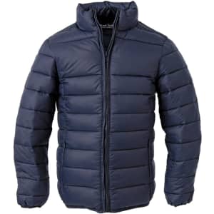 A navy puffer jacket featuring a high collar and vertical stitching, with a logo on the inside label.