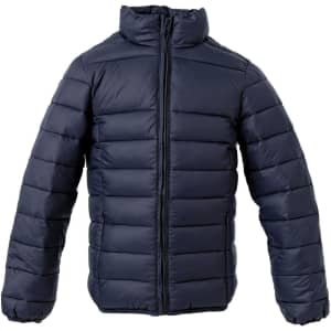 A navy blue puffer jacket featuring a zippered front and quilted design, with a high collar and long sleeves.