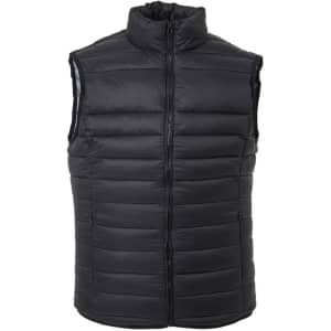 A black puffer vest with a high collar and zip closure. Features a quilted design. Includes branding.
