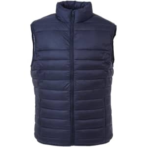 A navy puffer vest with a stand-up collar and zippered front, featuring a branding logo.