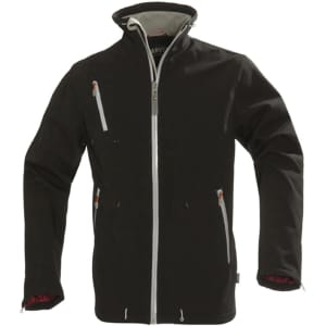 A men's softshell jacket in black with contrasting zippers and multiple pockets. The jacket features a logo.