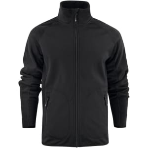 A black men's softshell fleece hybrid jacket featuring a zip front and two side pockets. It has a logo on it.