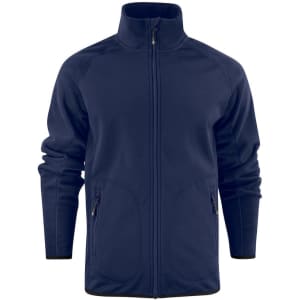 A navy softshell fleece hybrid jacket with a front zipper and two side pockets. It features a collar and has a logo.