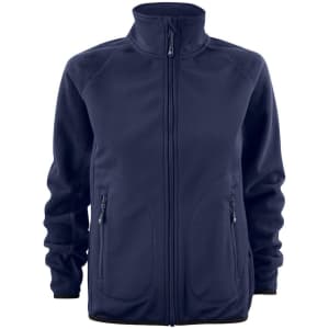 A navy softshell fleece hybrid jacket with a zippered front and side pockets, featuring a logo.
