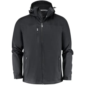 A black men's rain jacket featuring a hood and zippered pockets, with a logo on the front.