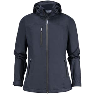 A women's rain jacket in dark navy with a hood, featuring zippered pockets and a branded logo.