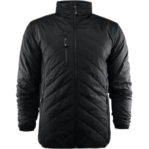 A black men's quilted jacket with a high collar and zippered pockets. It features a logo on the chest.