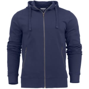 A navy blue men's hoodie with a front zip, drawstring hood, and two side pockets. It has a logo on the front.