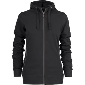 A black zip-up hoodie with a drawstring hood and side pockets, featuring a logo.