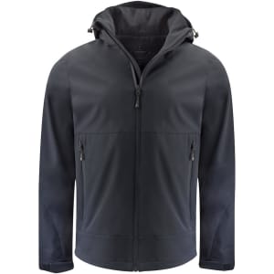 A dark navy softshell jacket with a hood, featuring zippered pockets and a logo on the front.