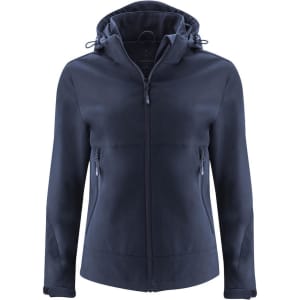 A navy softshell jacket for women featuring a hood and zippered pockets. It includes a logo on the chest.