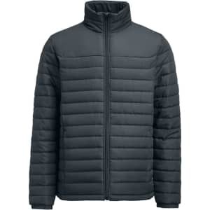 A padded jacket in dark grey with a zip front and high collar. Features horizontal quilting and a branding logo.