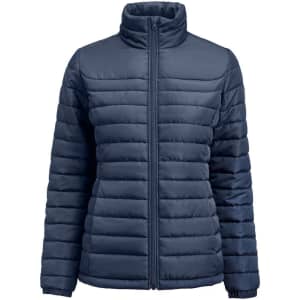 A navy blue women's padded jacket with a zip front and high collar, featuring horizontal stitching and a logo.