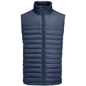 A navy blue padded vest with a zip front and high collar, featuring horizontal quilted patterns and a logo.