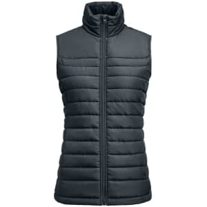 A padded women's vest in dark grey with a high collar and zip front, featuring a quilted design and no sleeves.