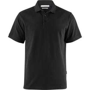 A black cotton polo shirt with short sleeves and a collar, featuring buttons and a logo.