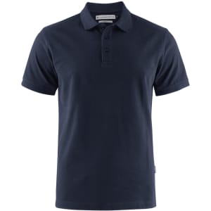 A navy blue men's cotton polo shirt with a classic collar and three-button placket, featuring a small logo.